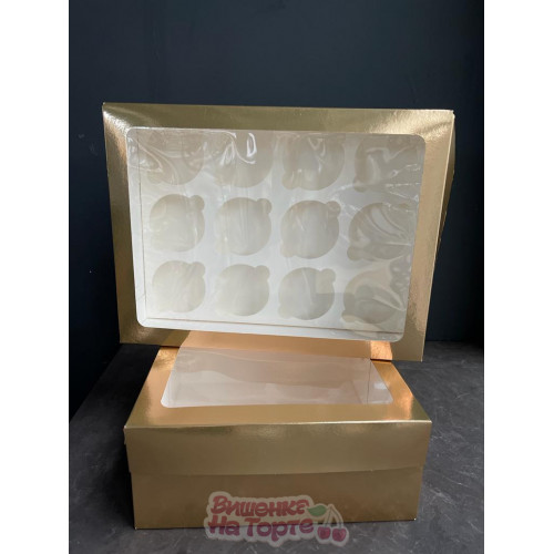 Коробка для 12 капкейков с прямоугольным окном 32*23,5*10 см, золото Коробка для 12 капкейков с прямоугольным окном 32*23,5*10 см, золото